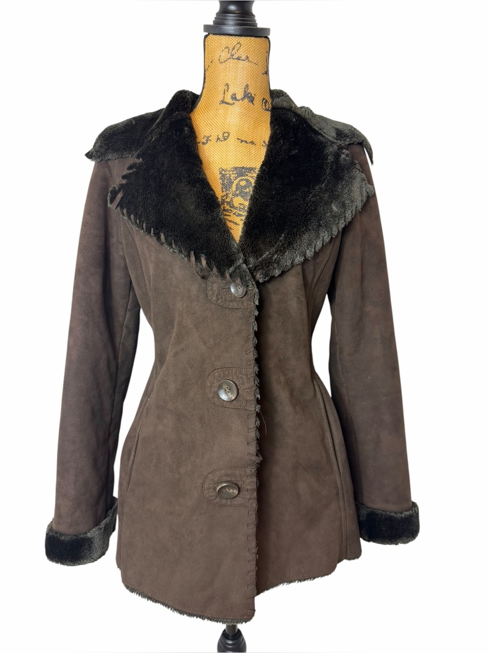Oscar de la Renta Faux Suede Shearling Trim Coat Jacket Brown M - Picture 2 of 9